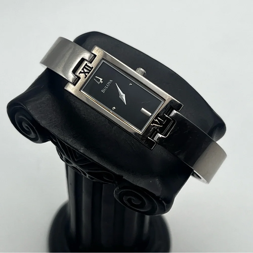 Bulova Womens Watch Silver Tone Rectangle Black Dial 6.25" New Battery - Picture 12 of 14